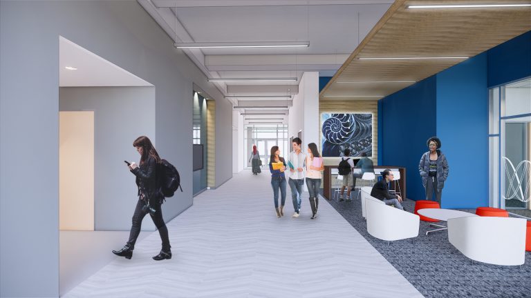 Color rending of what lobby of the College of Science and Mathematics Building may look like after construction.