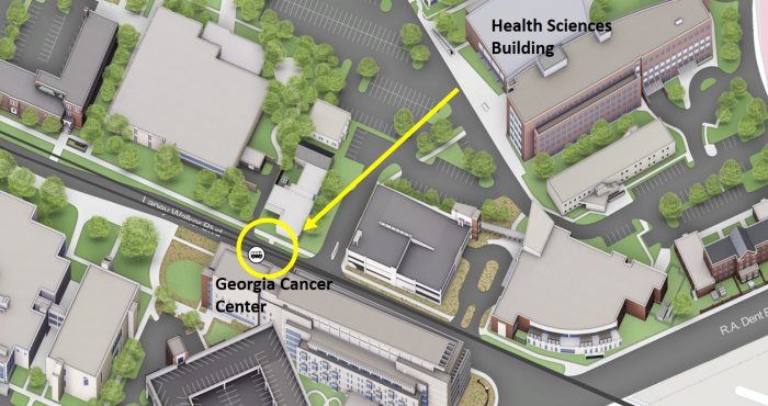 Map with arrow drown from Health Sciences Building to the new shuttle stop on Laney Walker Boulevard