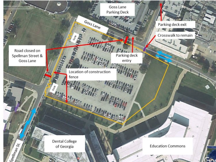 Aerial map of Health Sciences Campus shows Goss Lane and Spellman Street and includes work areas identified in red where the road will be closed.