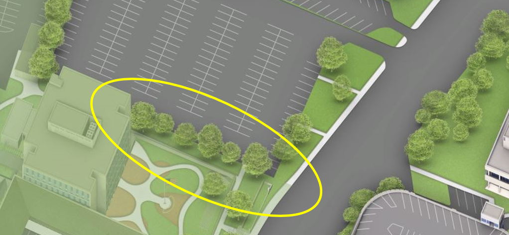 Color aerial rendering of Lot 30 with treeline circled in yellow.