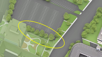 Color aerial rendering of Lot 30 with treeline circled in yellow.
