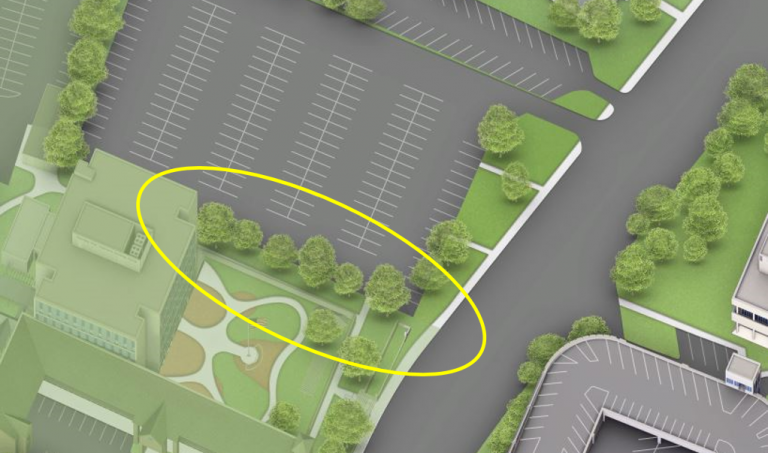 Color aerial rendering of Lot 30 with treeline circled in yellow.