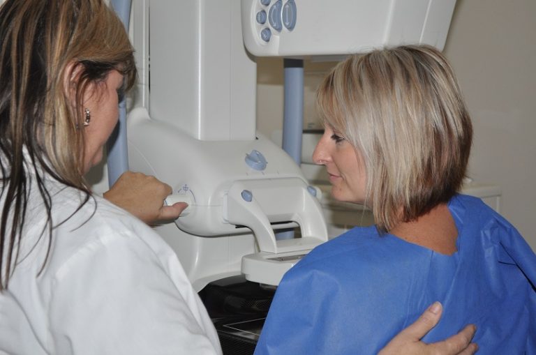 Woman getting a mammogram.