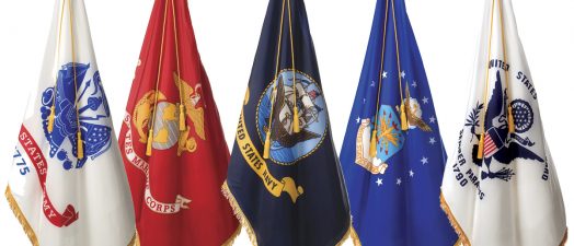Image of U.S. Army, U.S. Marine Corps, U.S. Navy, U.S. Air Force, and U.S. Coast guard flags side by side.