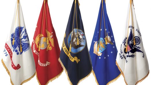Image of U.S. Army, U.S. Marine Corps, U.S. Navy, U.S. Air Force, and U.S. Coast guard flags side by side.