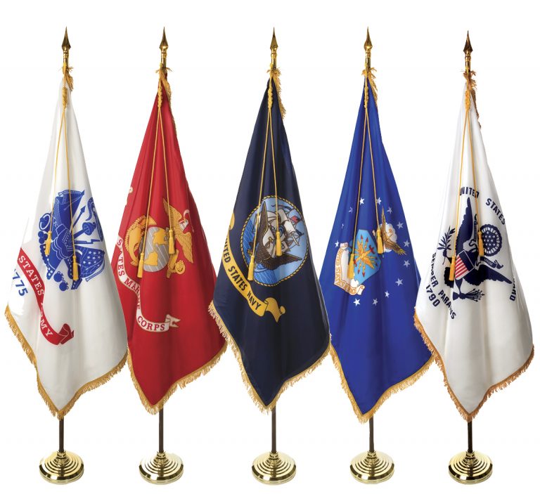 Image of U.S. Army, U.S. Marine Corps, U.S. Navy, U.S. Air Force, and U.S. Coast guard flags side by side.