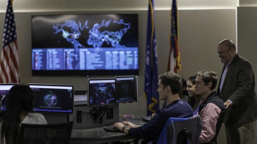 Students in the School of Computer and Cyber Sciences Cyber Lab.