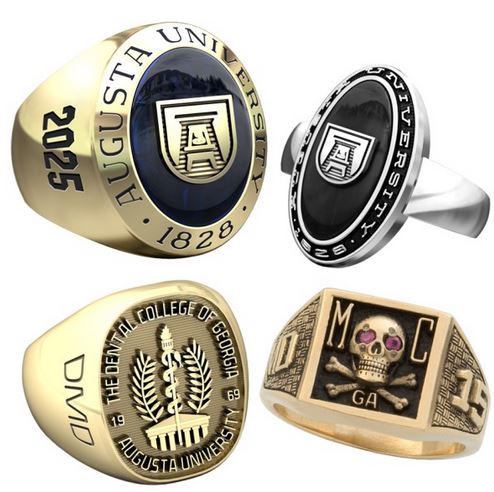 Four Augusta University ring samples in gold and silver