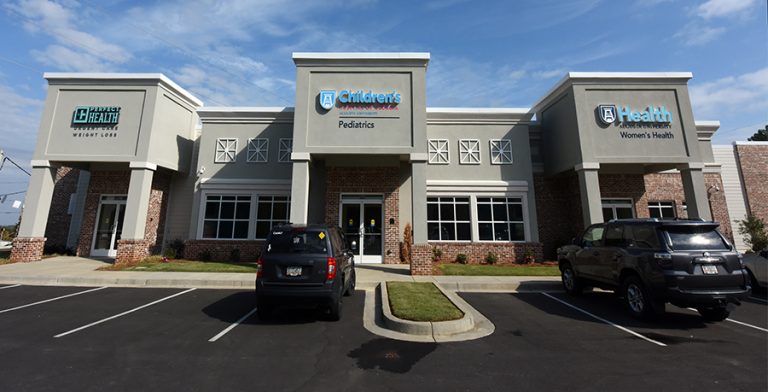 The front of a building.