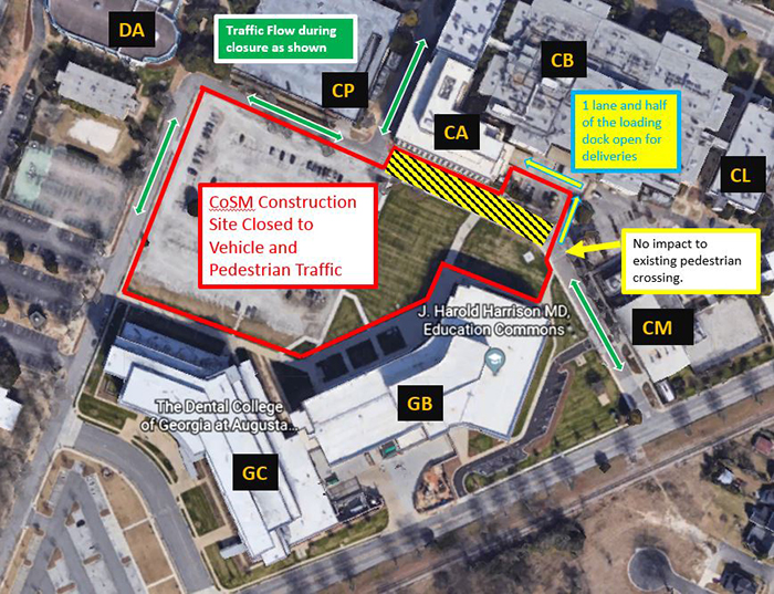 Color diagram with detour and route changes for Goss Lane