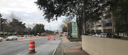 construction barrels at hospital entrance