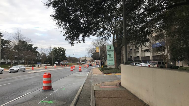 construction barrels at hospital entrance