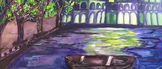 canvas painting of a boat on a river