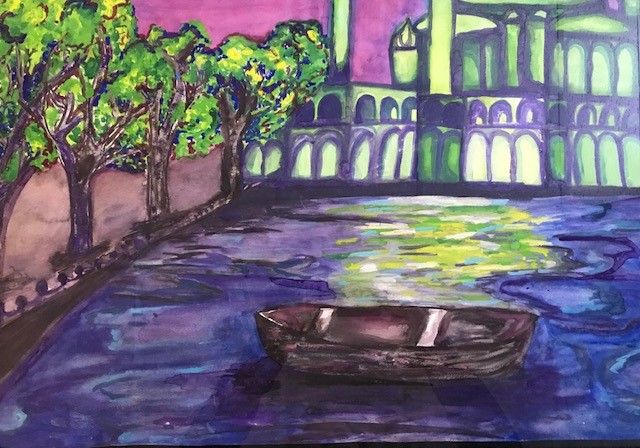 canvas painting of a boat on a river