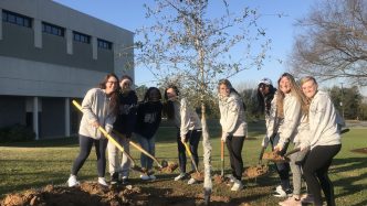 8 students with shovels of dirt planting a tree