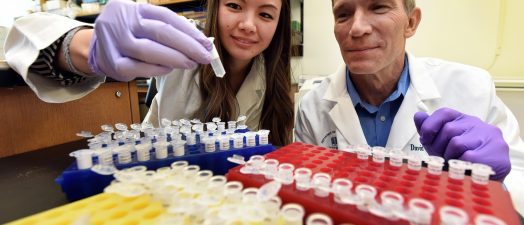 two doctors looking at lab equipment