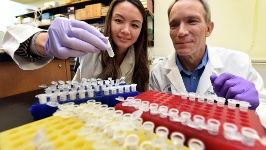 two doctors looking at lab equipment