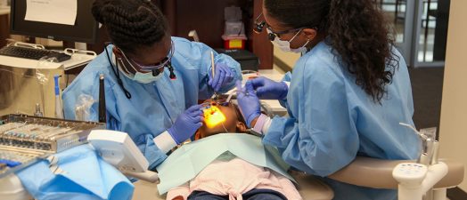 Dental students work on a young child