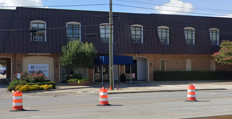 Two-story building with construction out front