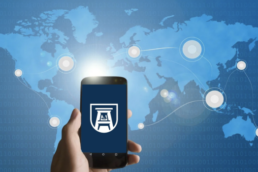 graphic of a cell phone with the AU logo on it; a map of the world is in the background