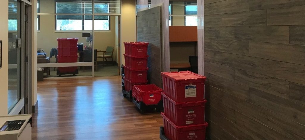 Red Moving Bins in office