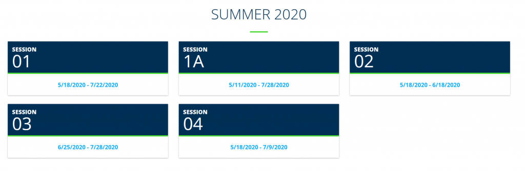 Screenshot of Registrar's website, showing the 5 semesters of Summer 2020