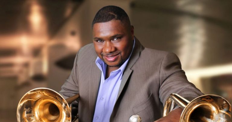 Musician with trombones