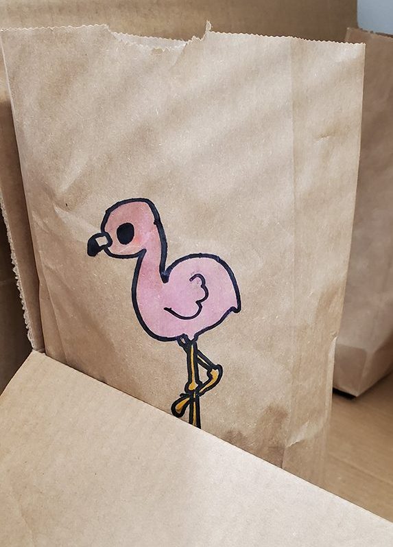 paper bag with flamingo on it