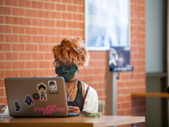 woman using computer
