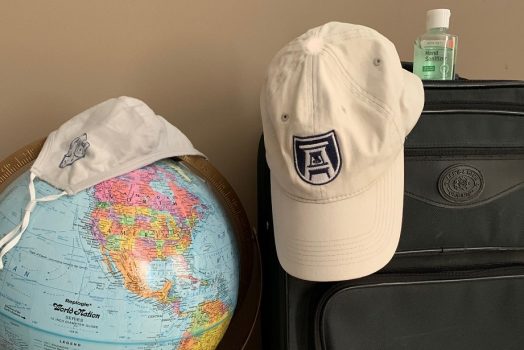 globe, mask, hat, suitcase