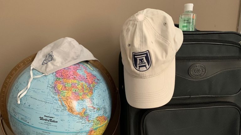 globe, mask, hat, suitcase