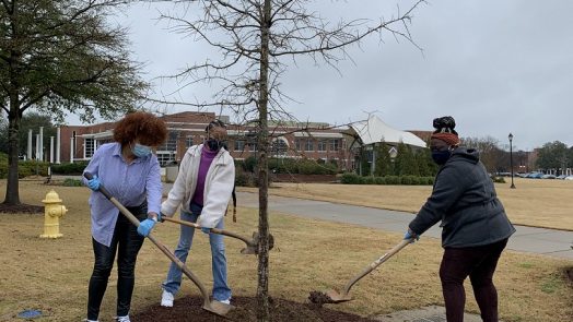 3 women with shovels scoop dirt