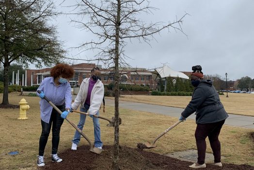 3 women with shovels scoop dirt