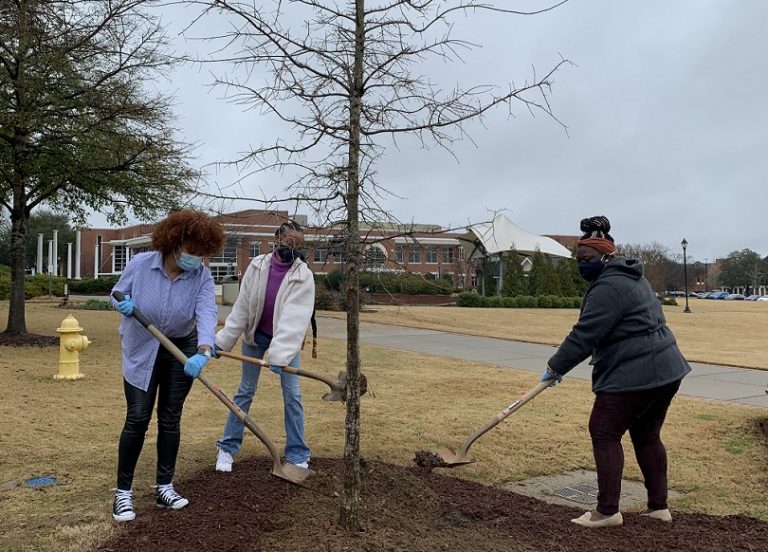 3 women with shovels scoop dirt