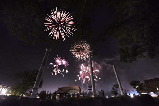 Fireworks light up the sky.