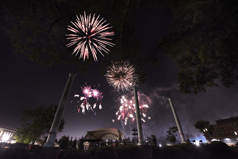 Fireworks light up the sky.