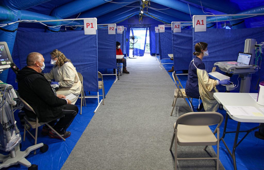 Inside a tent