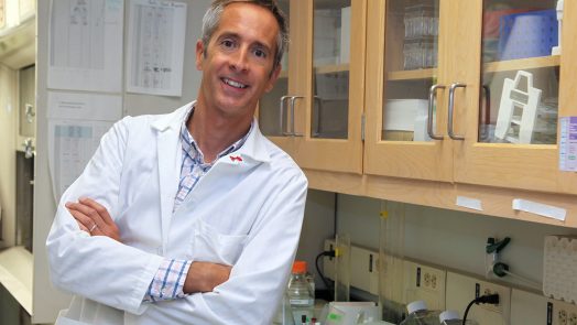 Dr. Eric Belin de Chantemele, in a white lab coat, leans next to a counter in his lab