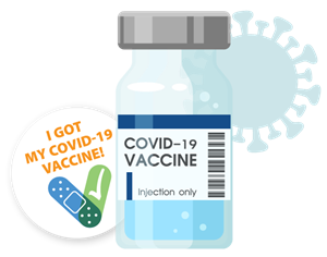 graphic of a COVID-19 vaccine bottle and sticker