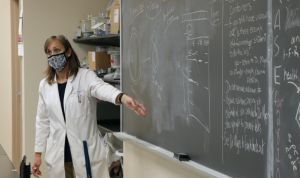 professor pointing at black board