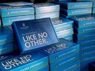 small blue cardboard box that says "An Experience Like No Other" on the front