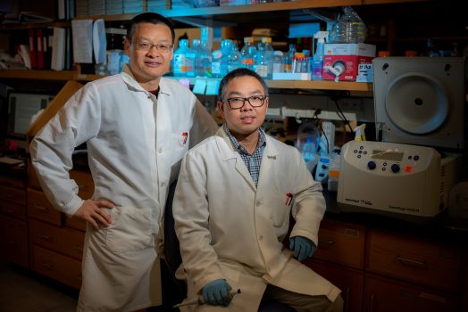 Two men in white coats in lab