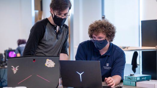 two masked people using computers