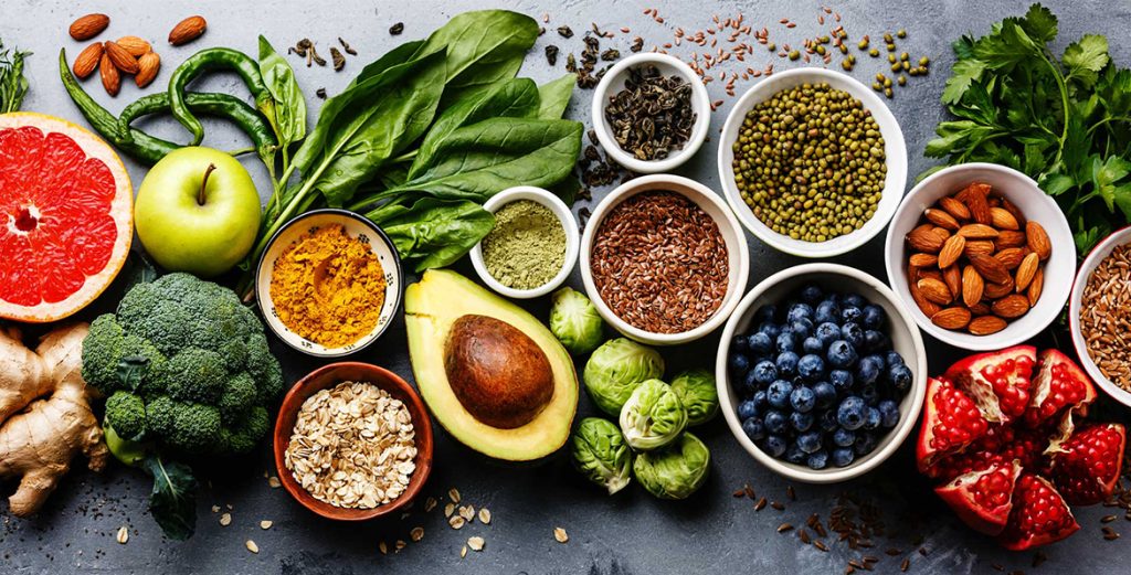 Produce and nuts such as blueberries, brussell sprouts, avocados, pomegranates, spinach, broccoli and almonds.