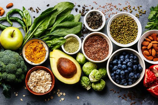 Produce and nuts such as blueberries, brussell sprouts, avocados, pomegranates, spinach, broccoli and almonds.