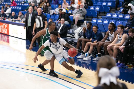 Men playing basketball