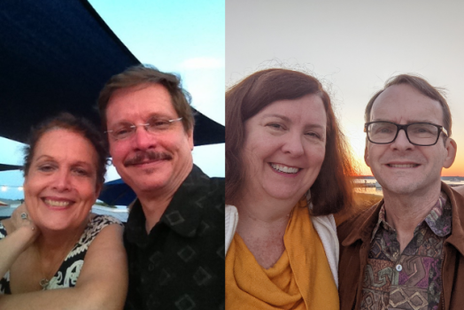 photos of 2 couples over a blue background