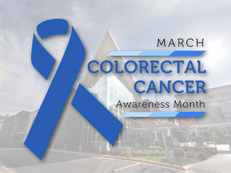 Colon Cancer Awareness Month ribbon in front of picture of the Georgia Cancer Center