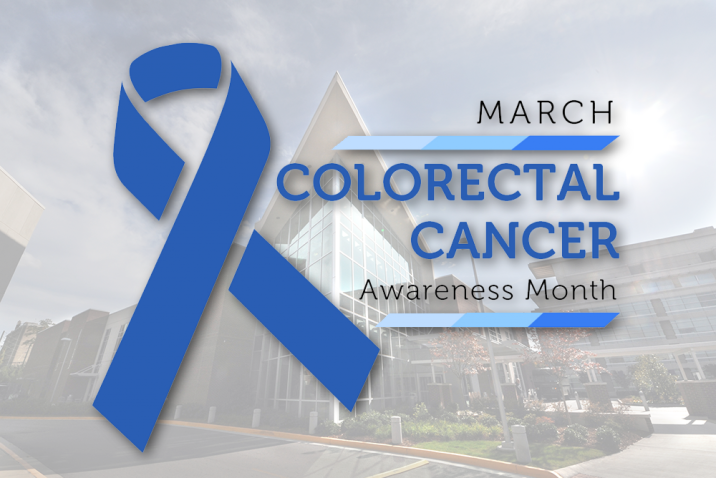 Colon Cancer Awareness Month ribbon in front of picture of the Georgia Cancer Center