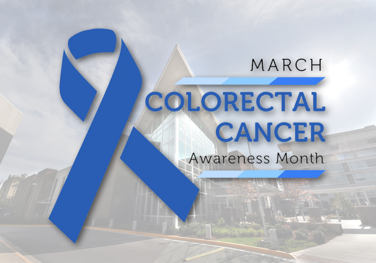 Colon Cancer Awareness Month ribbon in front of picture of the Georgia Cancer Center